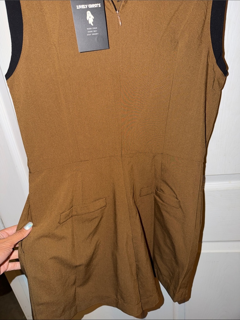 Lively Ghosts Brown Sleeveless Romper with Black Collar - Picture 3 of 5